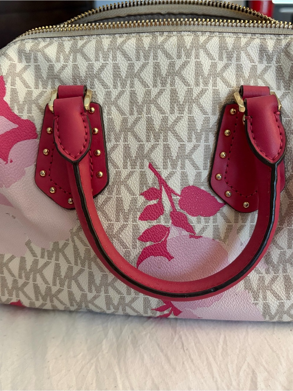 Michael Kors Pink Floral MK Signature Satchel with Gold Hardware - Picture 2 of 3